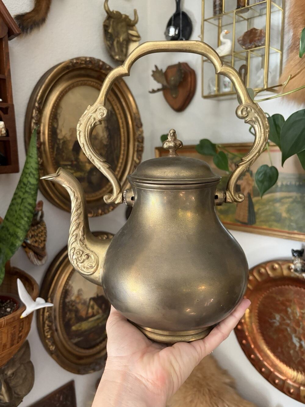 Vintage Midcentury 1970s Brass Teapot with Handle Ornate Detail Hinged Lid